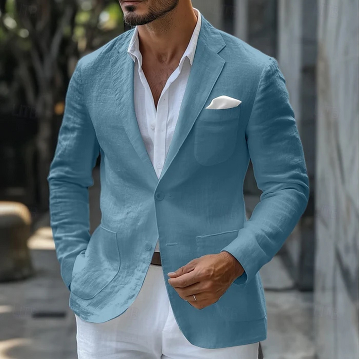 Men's classic linen blazer in beige, tailored for a sleek fit, ideal for summer elegance with versatile styling options.