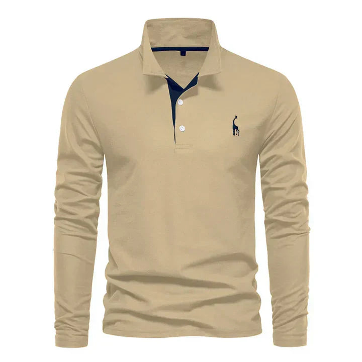 Men's cotton long-sleeved polo shirt with classic collar, shown in stylish black and red, offers modern comfort and elegance.