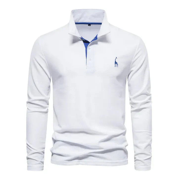 Men's cotton long-sleeved polo shirt with classic collar, shown in stylish black and red, offers modern comfort and elegance.