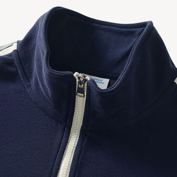 "Men's cotton tracksuit with zip-up jacket, drawstring pants; features sporty stripes, ideal for workouts or casual wear."