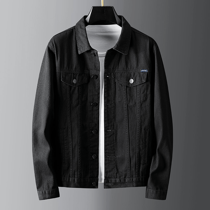 "Men's denim jacket front view with button-front closure, classic spread collar, and premium cotton fabric for style and comf