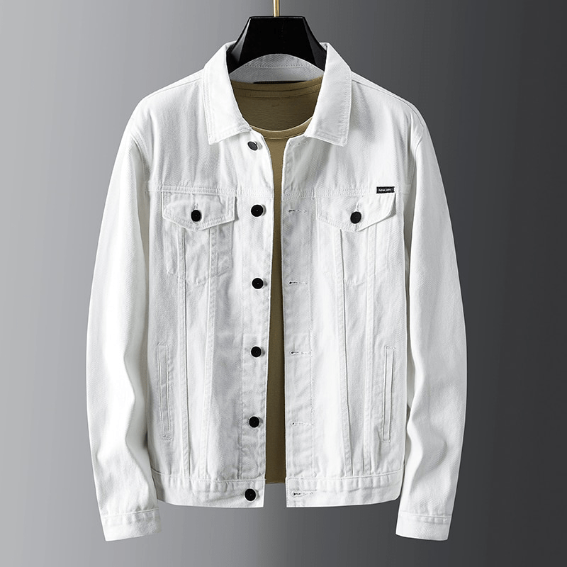 "Men's denim jacket front view with button-front closure, classic spread collar, and premium cotton fabric for style and comf