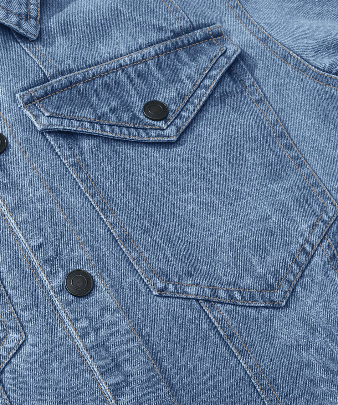 Men's denim wanderer jacket, flannel-lined, brown color, dual chest pockets, button-front closure, rugged and stylish.
