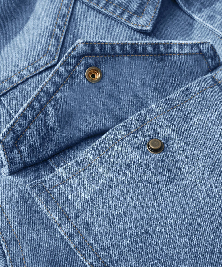Men's denim wanderer jacket, flannel-lined, brown color, dual chest pockets, button-front closure, rugged and stylish.
