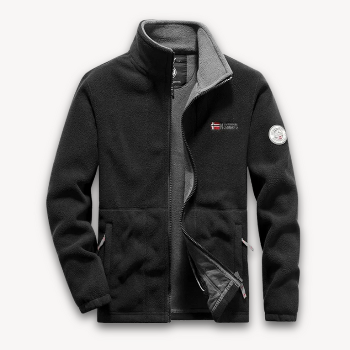 "Men's fleece jacket with full-zip front, thermal lining, in navy, side view against a white background."