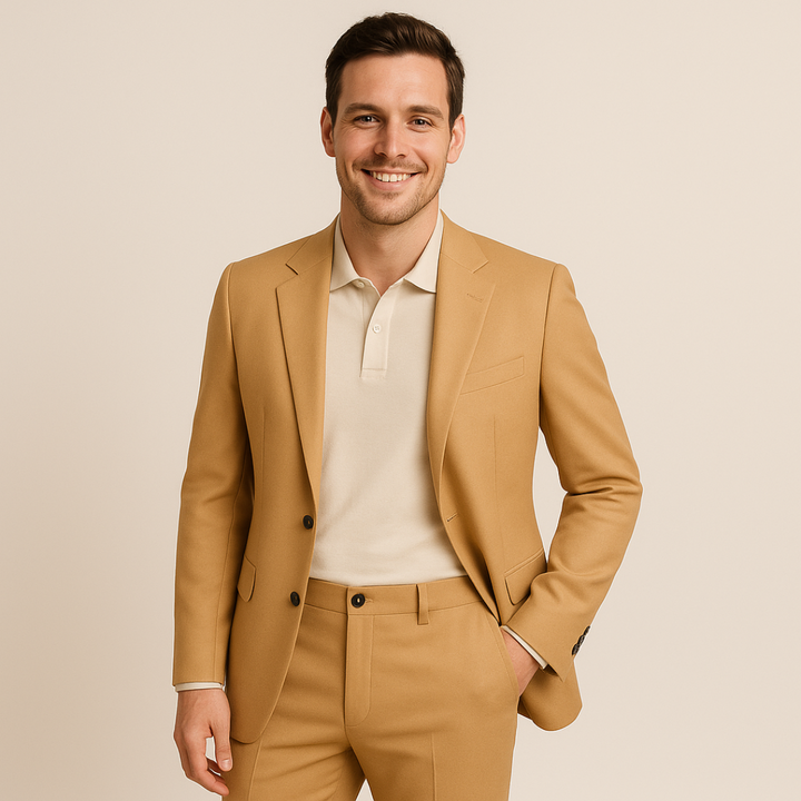 "Men's formal two-piece suit, featuring a blazer and pants, slim fit, available in black, gray, brown, and more colors."