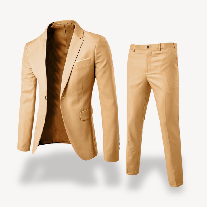 "Men's formal two-piece suit, featuring a blazer and pants, slim fit, available in black, gray, brown, and more colors."