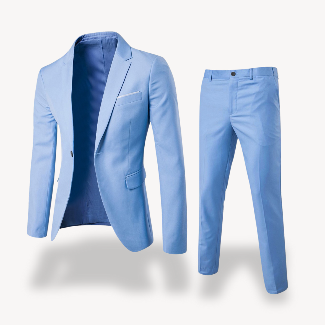 "Men's formal two-piece suit, featuring a blazer and pants, slim fit, available in black, gray, brown, and more colors."