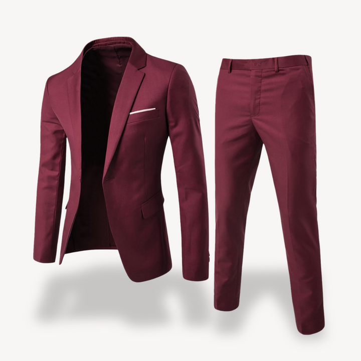 "Men's formal two-piece suit, featuring a blazer and pants, slim fit, available in black, gray, brown, and more colors."