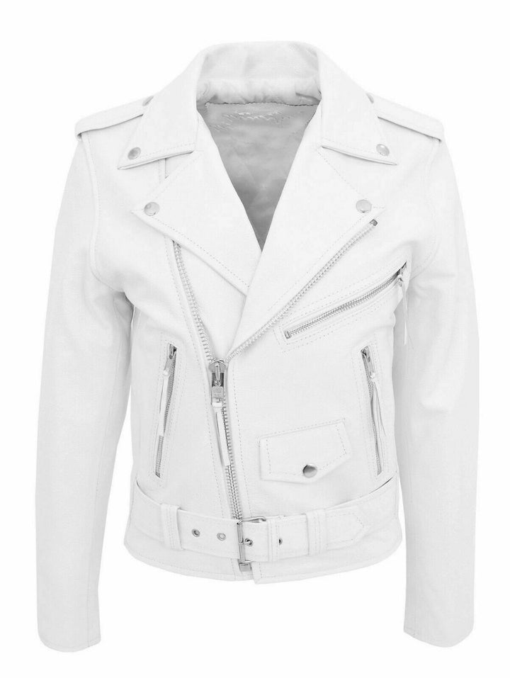 Men's genuine leather biker jacket with asymmetrical zip; sleek design, lapel collar, and belted waist for a rugged look.