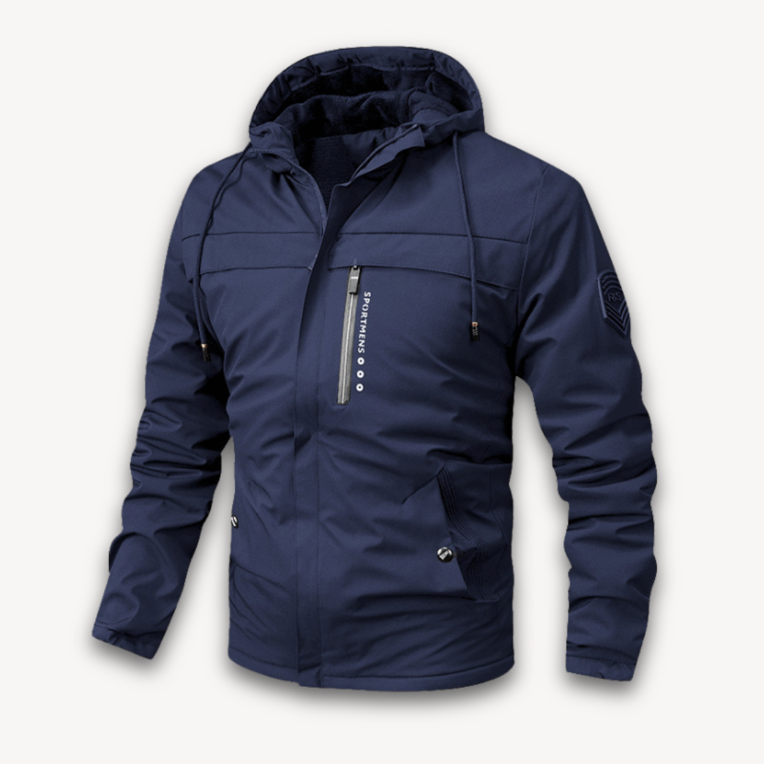 "Men's green waterproof hooded jacket for stylish and durable outerwear. Features sleek design and multi-pocket functionality