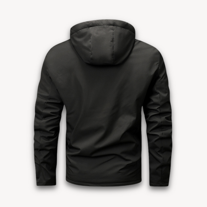 "Men's green waterproof hooded jacket for stylish and durable outerwear. Features sleek design and multi-pocket functionality