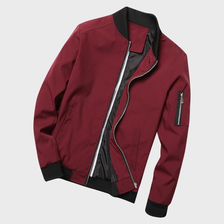 Men's lightweight all-season bomber jacket, regular fit, ribbed cuffs, front view, gray color, versatile outerwear.