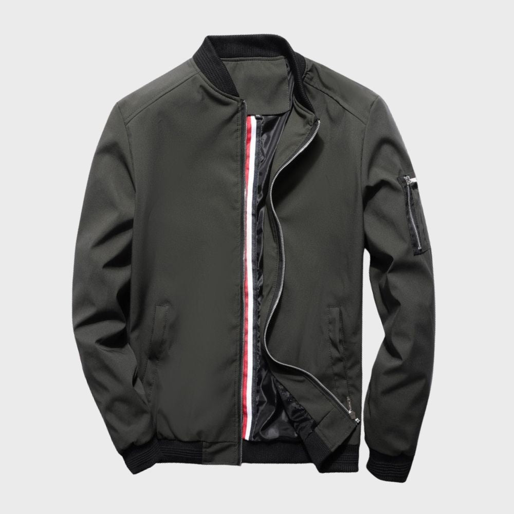 Men's lightweight all-season bomber jacket, regular fit, ribbed cuffs, front view, gray color, versatile outerwear.