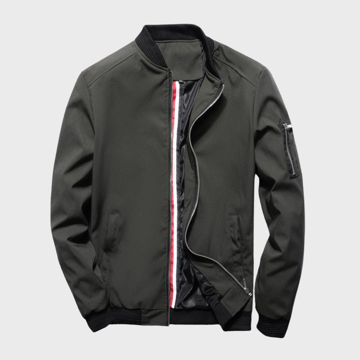 Men's lightweight all-season bomber jacket, regular fit, ribbed cuffs, front view, gray color, versatile outerwear.