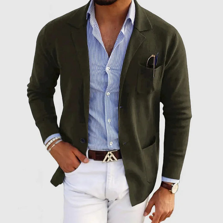 "Men's lightweight casual knit blazer, tailored fit, in beige color, showcasing sleek design and versatile styling options."