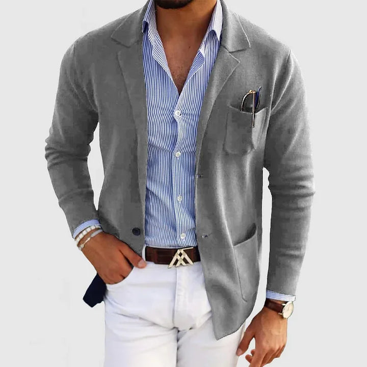 "Men's lightweight casual knit blazer, tailored fit, in beige color, showcasing sleek design and versatile styling options."