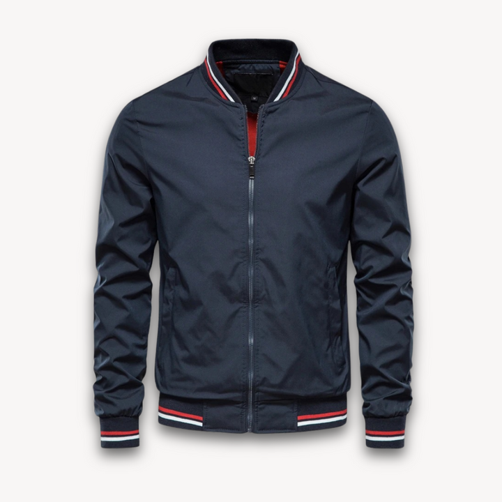 "Men's lightweight polyester bomber jacket, stylish windbreaker with zip front and ribbed cuffs, ideal for casual outings."