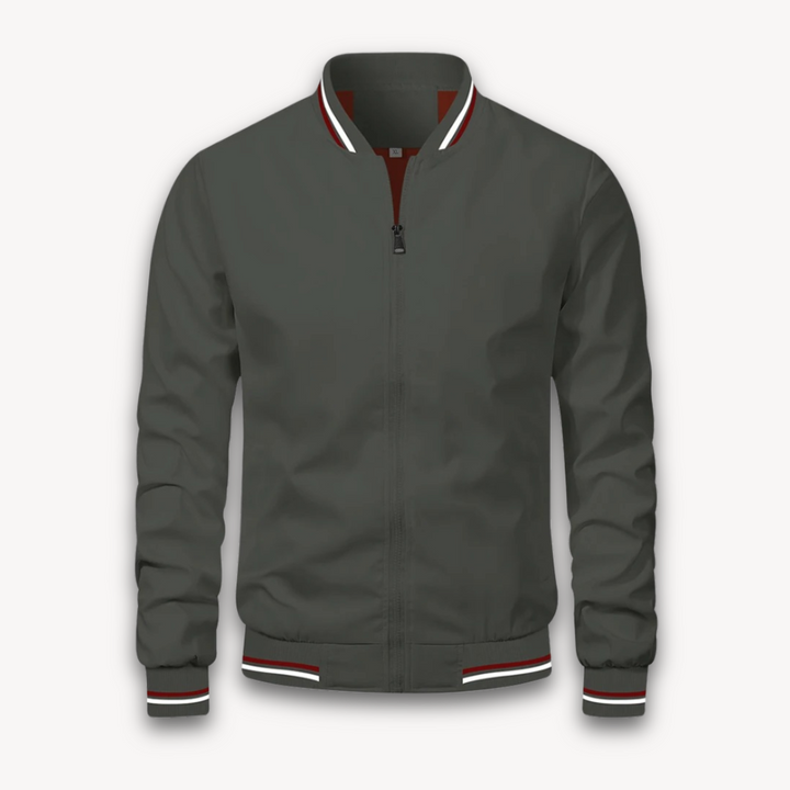 "Men's lightweight polyester bomber jacket, stylish windbreaker with zip front and ribbed cuffs, ideal for casual outings."