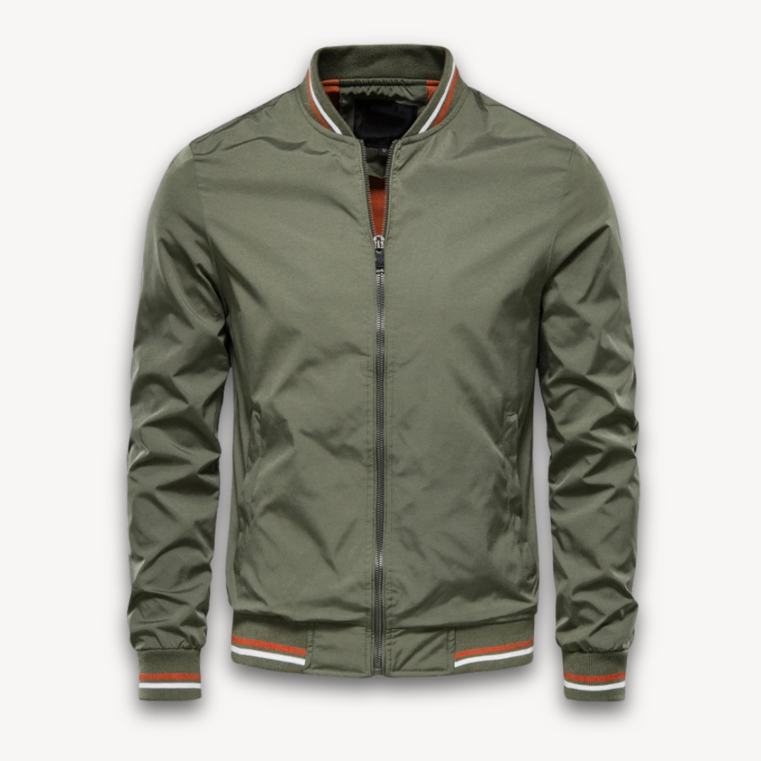 "Men's lightweight polyester bomber jacket, stylish windbreaker with zip front and ribbed cuffs, ideal for casual outings."