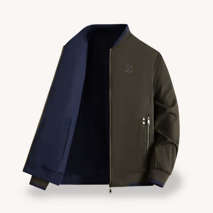 "Men's lightweight reversible bomber jacket, slim fit, available in multiple colors, showcasing ribbed cuffs and zip closure.