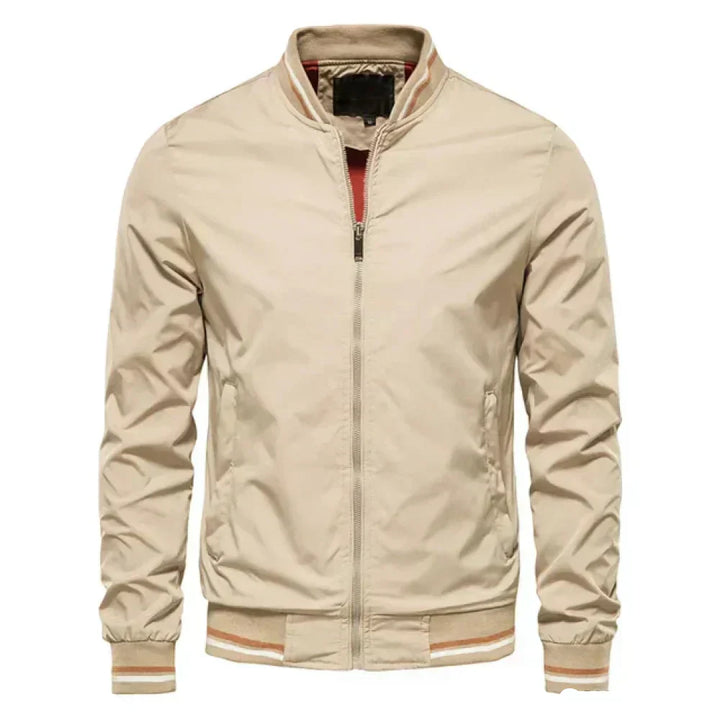 Men's lightweight summer bomber jacket with contrasting stripes, zipper closure, ideal for casual and evening wear.