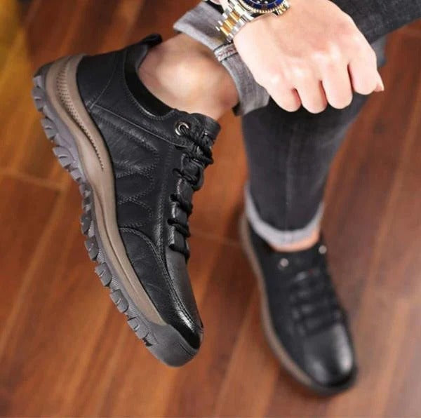 Men's black orthopedic shoe angled view