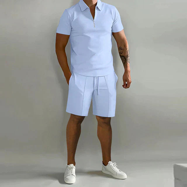 "Men's polo and shorts two-piece set; stylish, lightweight, and breathable for smart-casual wear, perfect for summer."