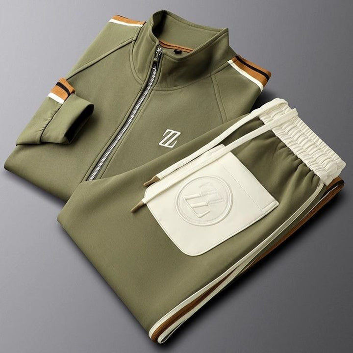 "Men's premium tracksuit set, sleek design, breathable gray fabric, ideal for workouts or lounging, modern comfortable fit"