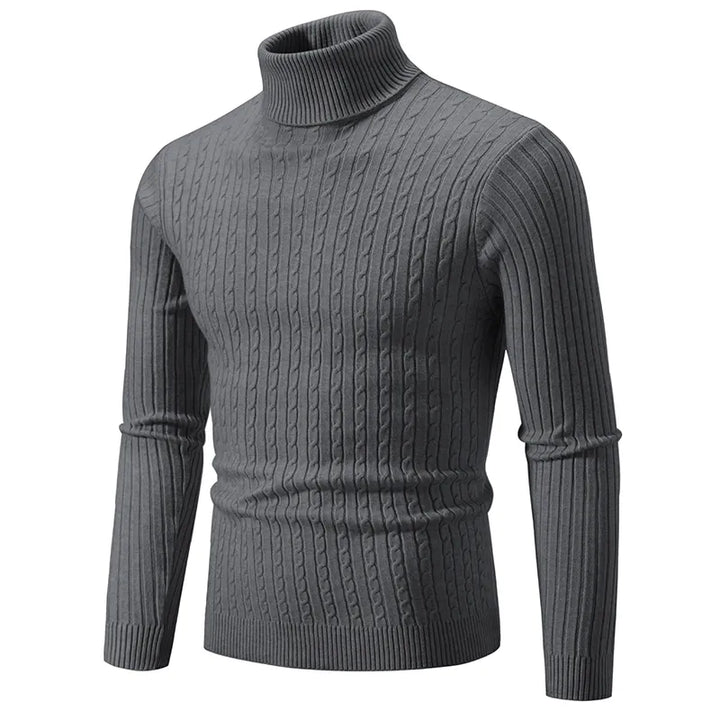 Men's premium turtleneck sweater in dark grey with a high collar and soft knit, providing warmth and timeless style.