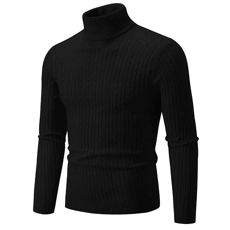 Men's premium turtleneck sweater in dark grey with a high collar and soft knit, providing warmth and timeless style.
