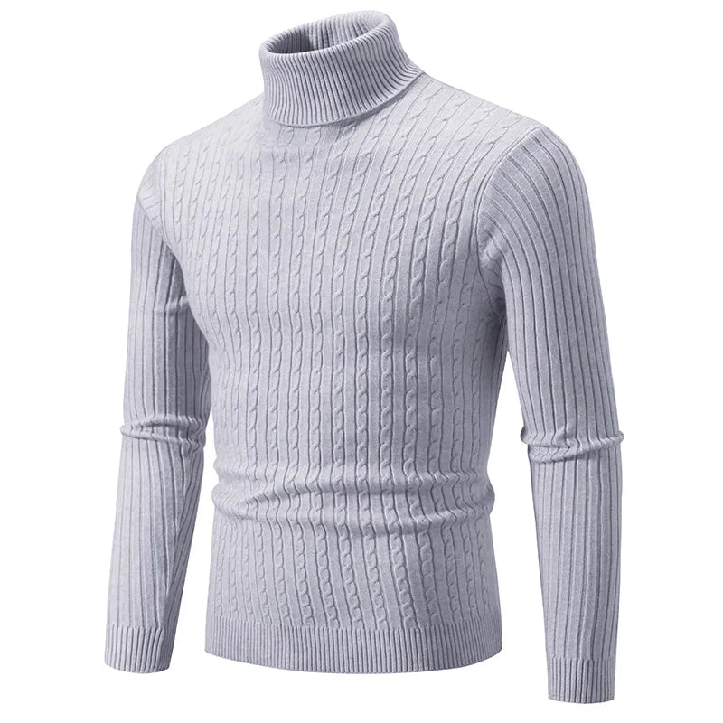 Men's premium turtleneck sweater in dark grey with a high collar and soft knit, providing warmth and timeless style.