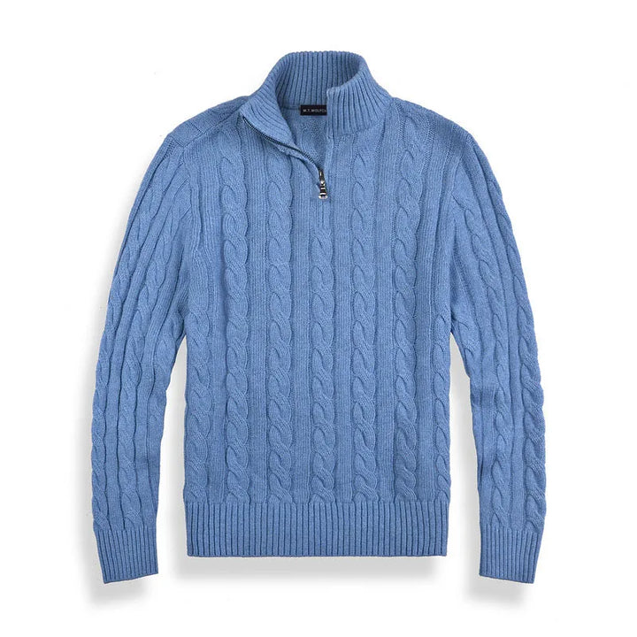 "Men's regular fit cable knit half zip sweater in cotton blend with ribbed trim, ideal for layering in fall and winter fashio
