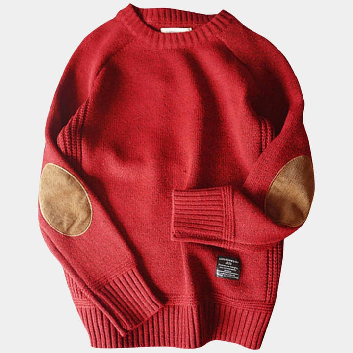 Men's regular fit wool blend sweater with elbow patch, showcasing a classic design ideal for smart-casual or relaxed looks.