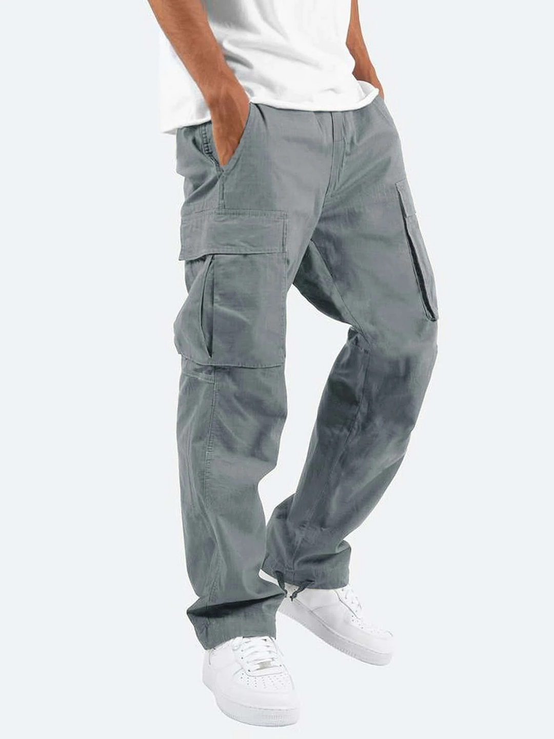 Men's relaxed fit cargo pants front view with roomy utility pockets and straight-leg design in classic black.