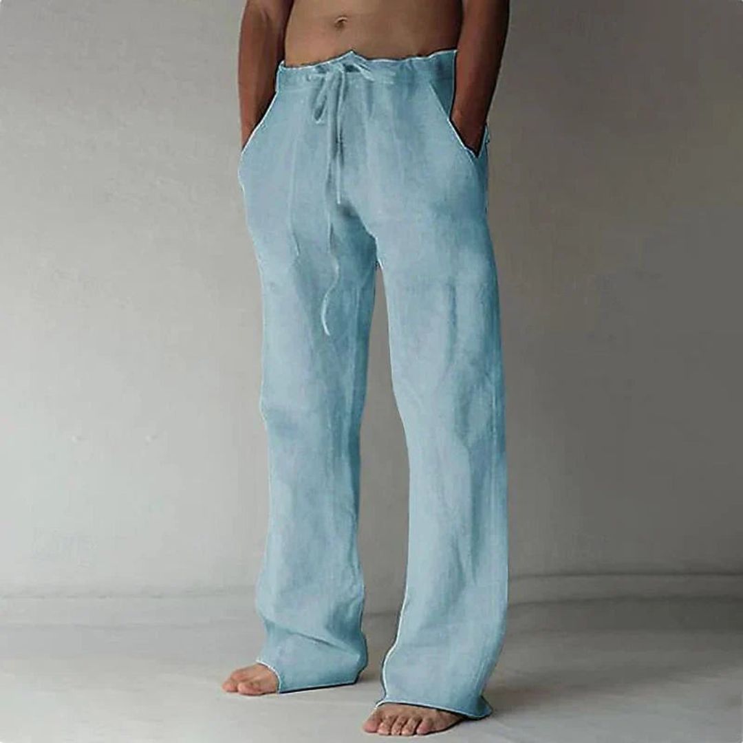 "Men's relaxed fit casual linen lounge pants; adjustable waist, versatile design, side pockets, ideal for leisure and outings