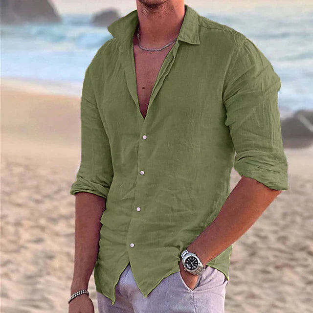 "Men's relaxed fit linen shirt, breathable and stylish, in blue, featuring lightweight, 100% linen fabric for versatile wear.
