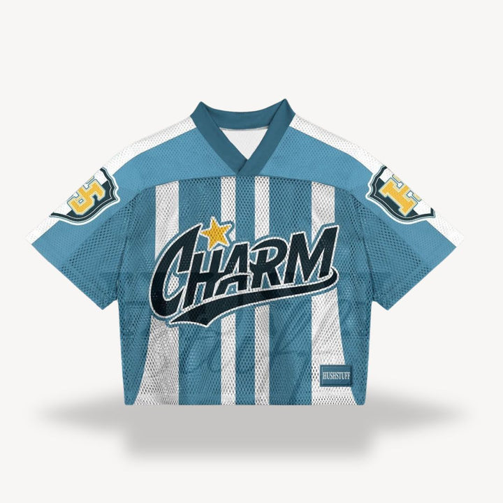 Men's retro mesh football jersey with v-neck, black body, blue shoulders, number "24", star, flame design, vintage style.