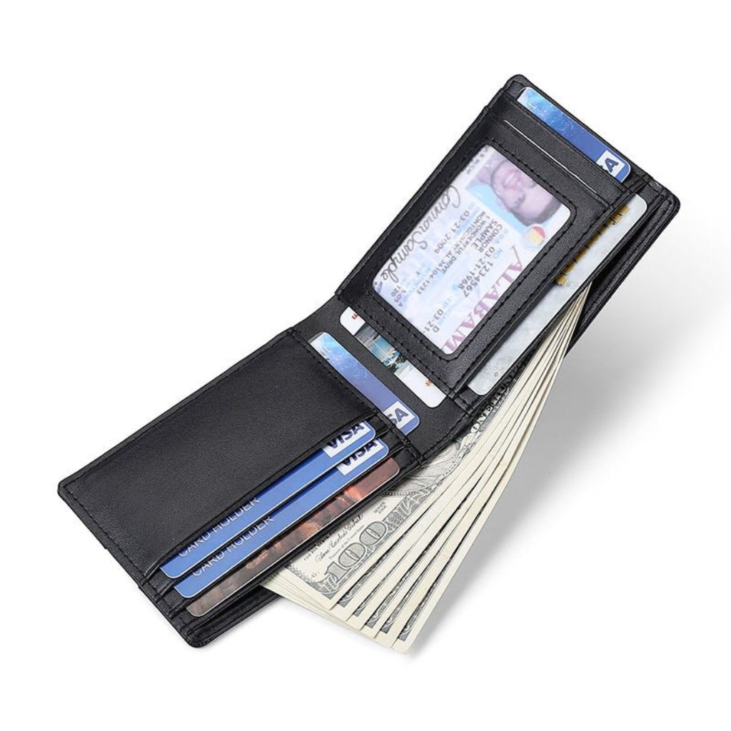 Men's RFID-Blocking Leather Wallet with AirTag holder, featuring premium leather, sleek design, card slots, and cash compartm