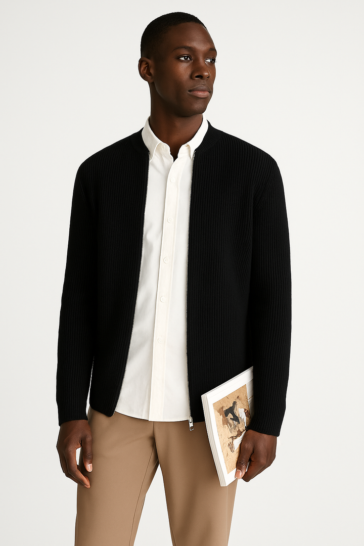 Men's ribbed knit cardigan with double zipper, relaxed fit, in beige. Ideal for casual or semi-formal occasions.