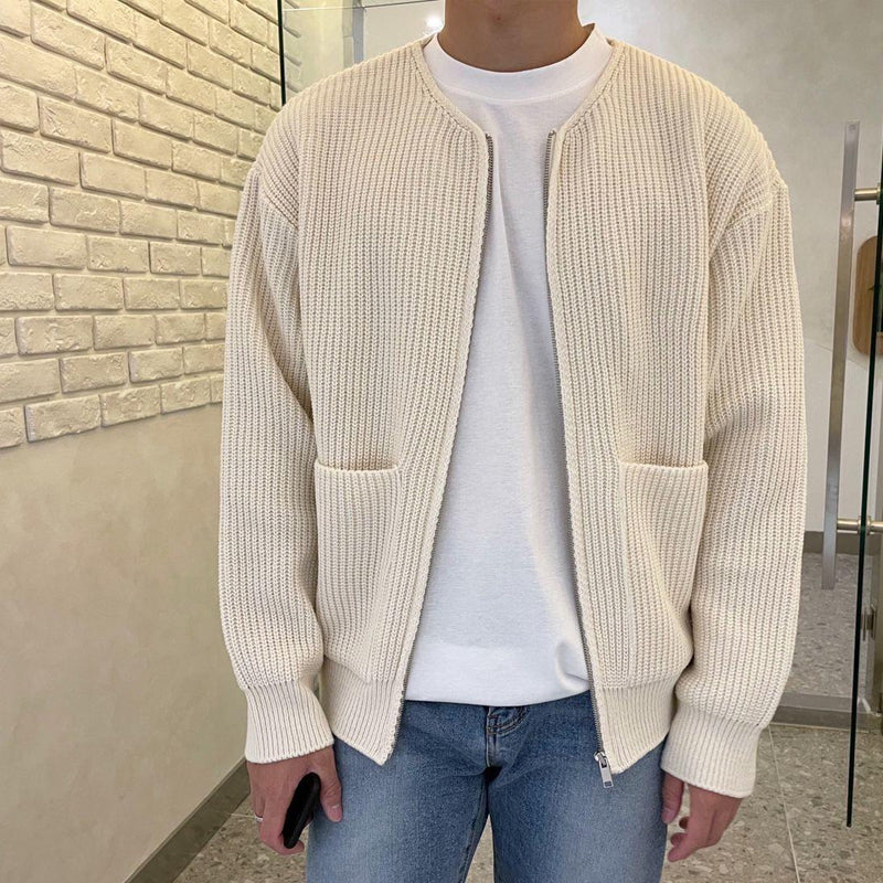 "Men's round neck cardigan jacket front view, stylish button-down, soft fabric, perfect for casual or formal wear."