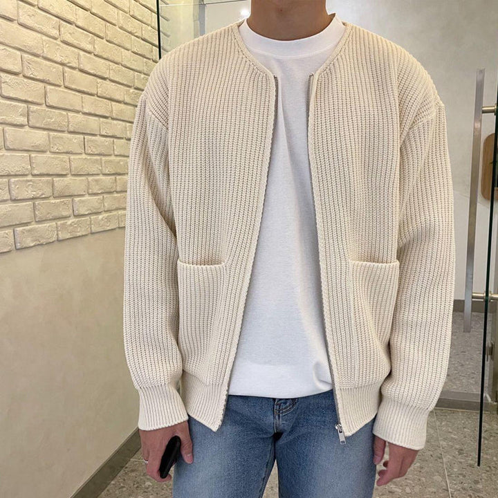 "Men's round neck cardigan jacket front view, stylish button-down, soft fabric, perfect for casual or formal wear."