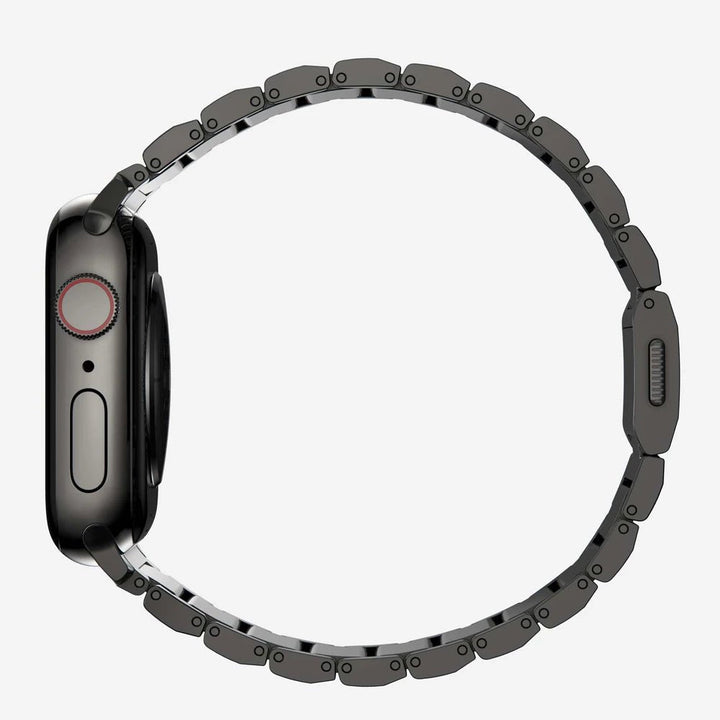 Men's sleek titanium watch band with shiny finish, magnetic clasp, durable and lightweight; perfect for daily or formal wear.