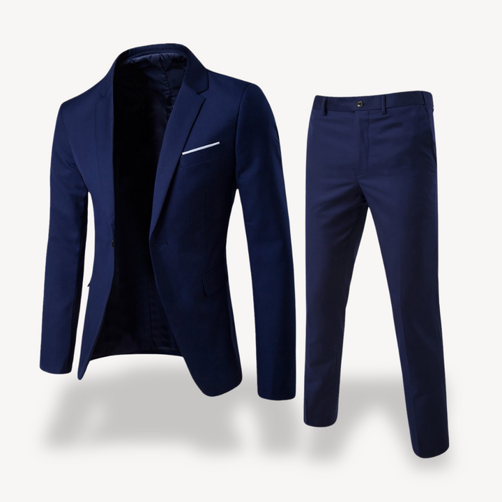 "Men's slim fit black two-piece suit, formal attire with jacket and trousers, sleek silhouette for weddings or meetings."