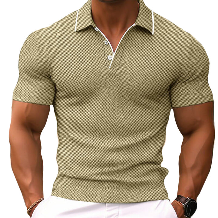 Men's slim fit polo shirt in blue, showcasing a tailored silhouette with a classic collar and button placket for elegant styl
