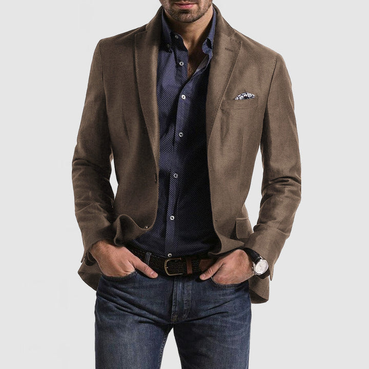 "Men's slim fit wool blend suit jacket with notch lapel; elegant navy blue blazer for formal events; tailored style."