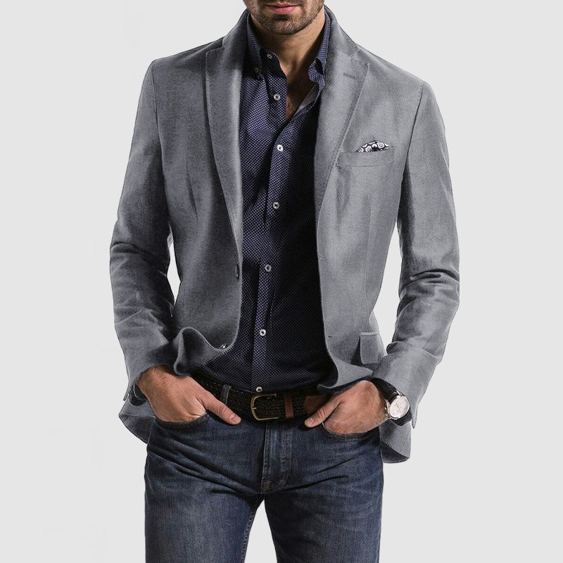 "Men's slim fit wool blend suit jacket with notch lapel; elegant navy blue blazer for formal events; tailored style."