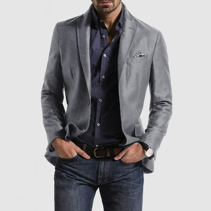 "Men's slim fit wool blend suit jacket with notch lapel; elegant navy blue blazer for formal events; tailored style."