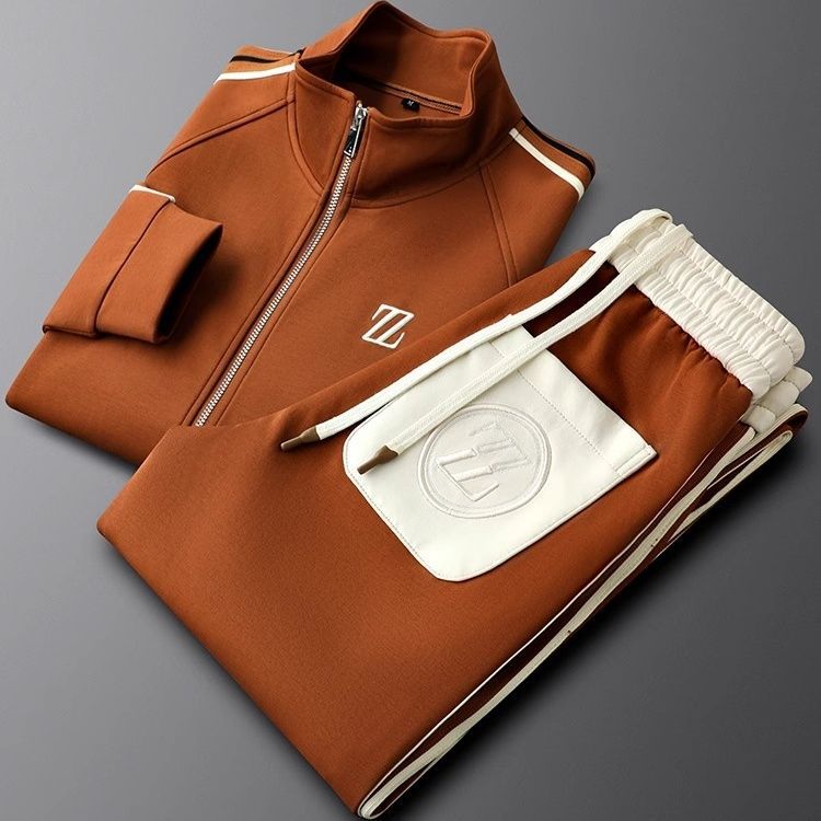 "Men's sporty tracksuit set lycra fabric, sleek lines, stripe accents, tailored fit, showcasing athletic physique."