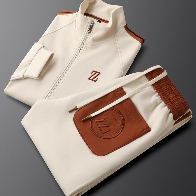 "Men's sporty tracksuit set lycra fabric, sleek lines, stripe accents, tailored fit, showcasing athletic physique."